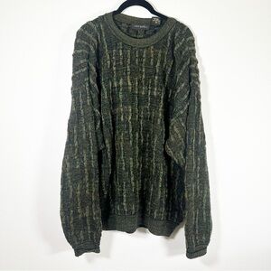 Jhane Barnes Green Sweater Rugged Line Pattern Men's Long Sleeve 3d knit VTG